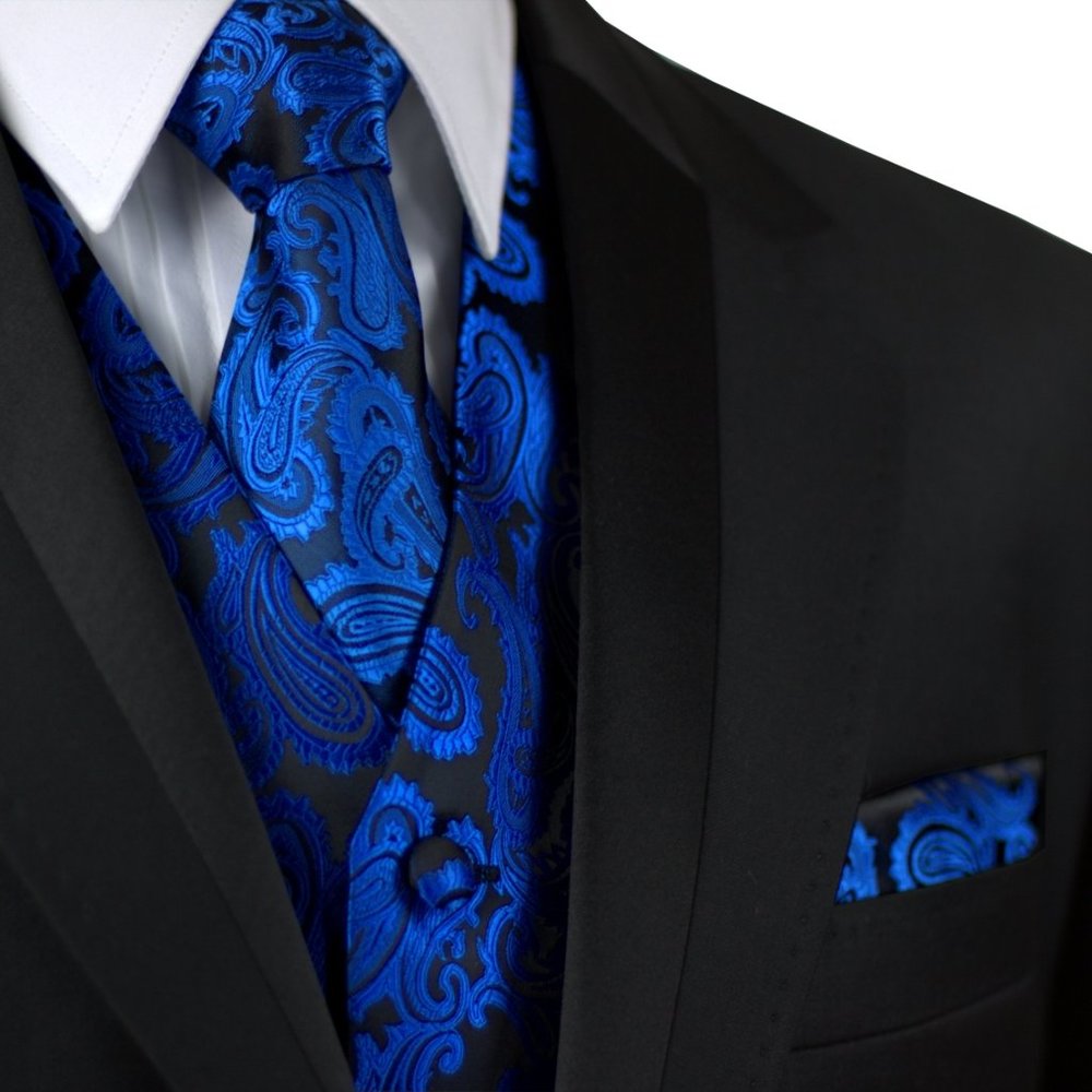 Men's Formal Wedding Prom Homecoming Tuxedo Vest Tie Hankie - Royal Blue Paisley